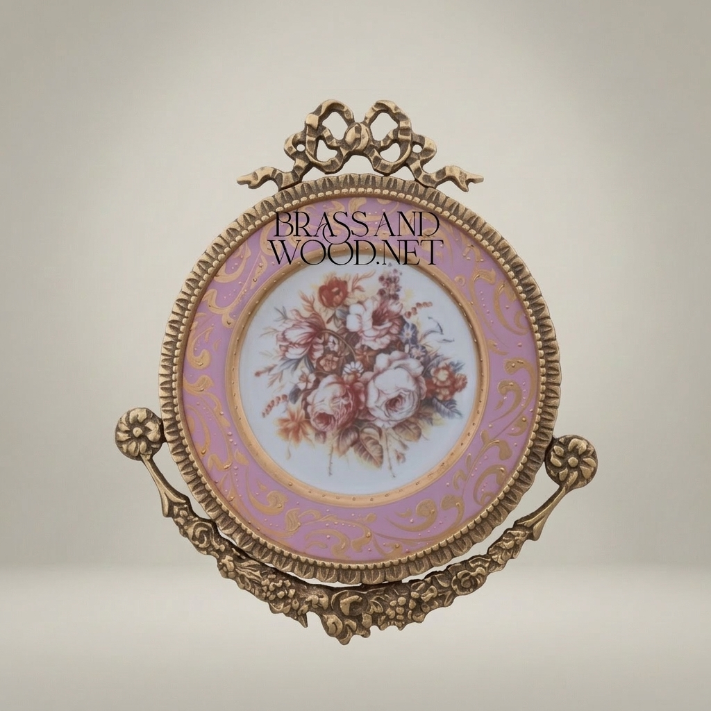 Rococo Brass & Porcelain Circular Wall Plate - Ribbon Crest Floral Bouquet — Antique Gold
