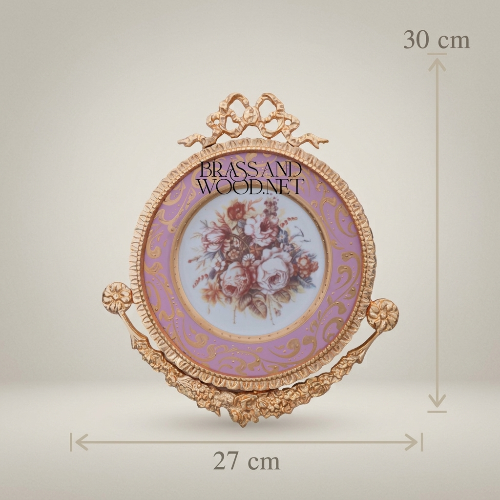 Rococo Brass & Porcelain Circular Wall Plate - Ribbon Crest Floral Bouquet