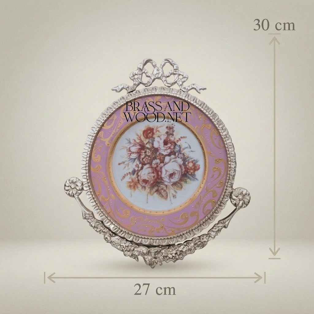 Rococo Brass & Porcelain Circular Wall Plate - Ribbon Crest Floral Bouquet — Silver