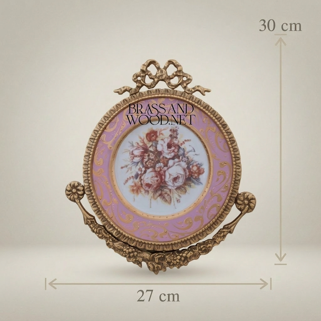Rococo Brass & Porcelain Circular Wall Plate - Ribbon Crest Floral Bouquet — Antique Gold