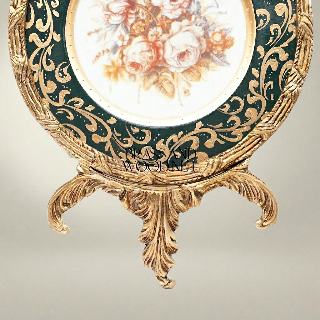 Rococo Brass & Porcelain Decorative Wall Plate - Floral Centre with Ribbon Crest — Gold