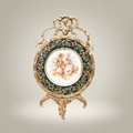 Rococo Brass & Porcelain Decorative Wall Plate - Floral Centre with Ribbon Crest — Gold