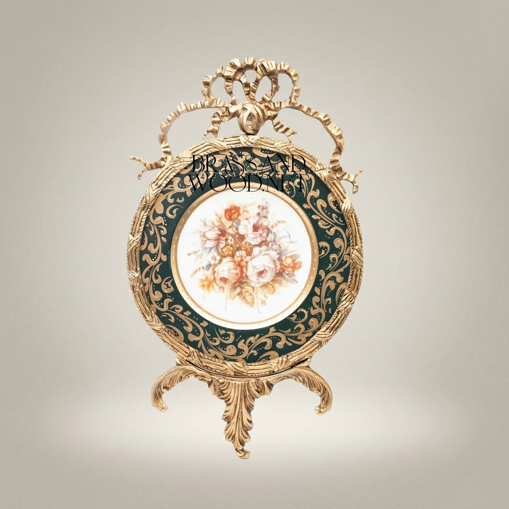 Rococo Brass & Porcelain Decorative Wall Plate - Floral Centre with Ribbon Crest — Gold