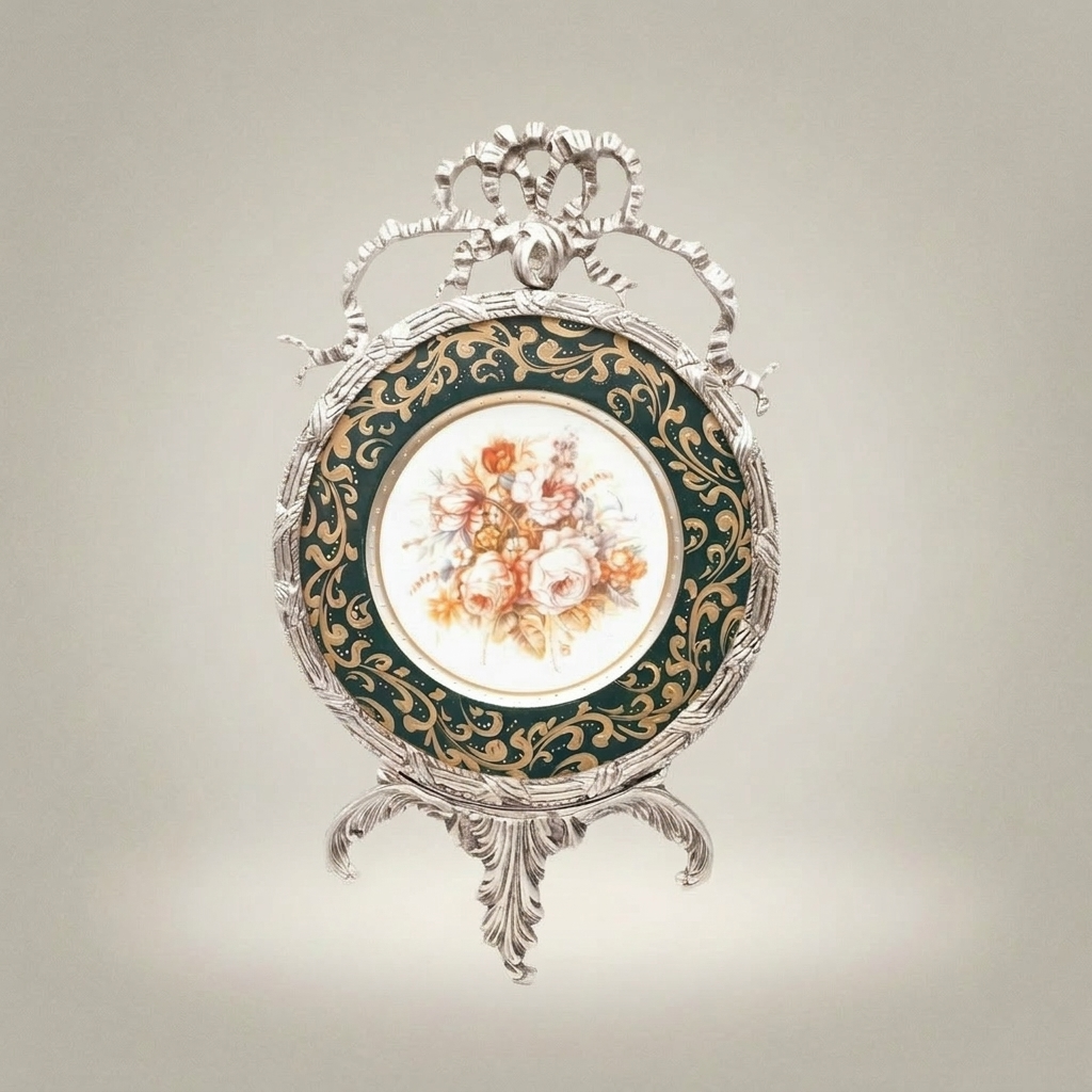 Rococo Brass & Porcelain Decorative Wall Plate - Floral Centre with Ribbon Crest — Silver