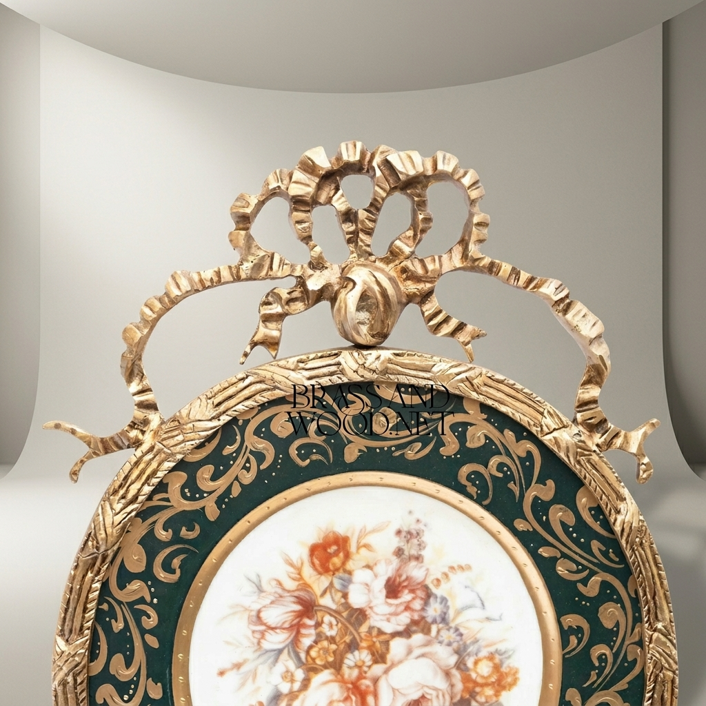 Rococo Brass & Porcelain Decorative Wall Plate - Floral Centre with Ribbon Crest — Gold