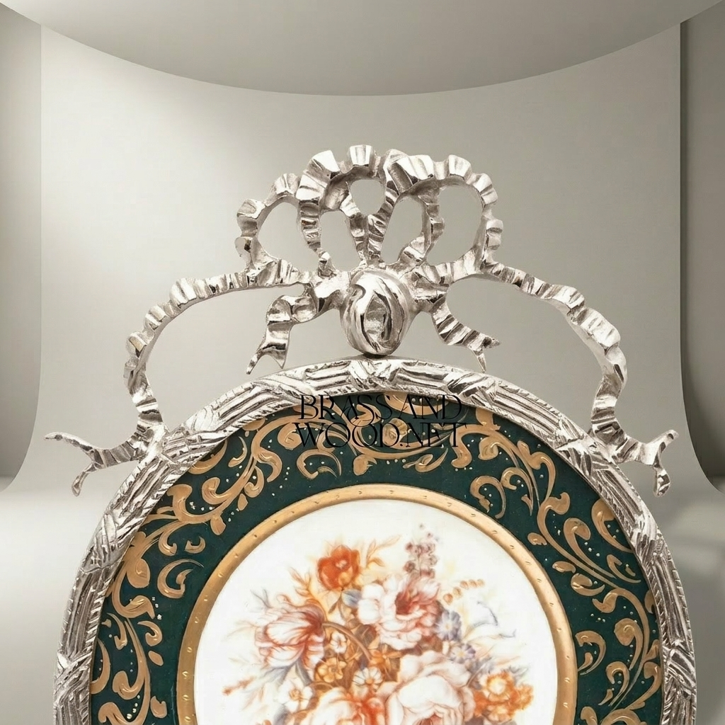 Rococo Brass & Porcelain Decorative Wall Plate - Floral Centre with Ribbon Crest — Silver