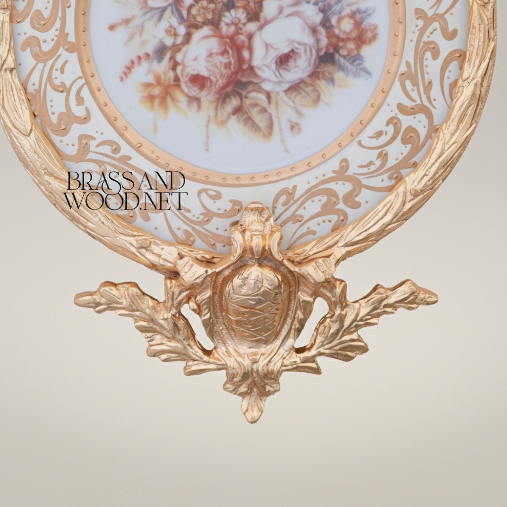 Rococo Brass & Porcelain Decorative Hanging Plate – Floral Bouquet Medallion with Ornate Frame — Gold