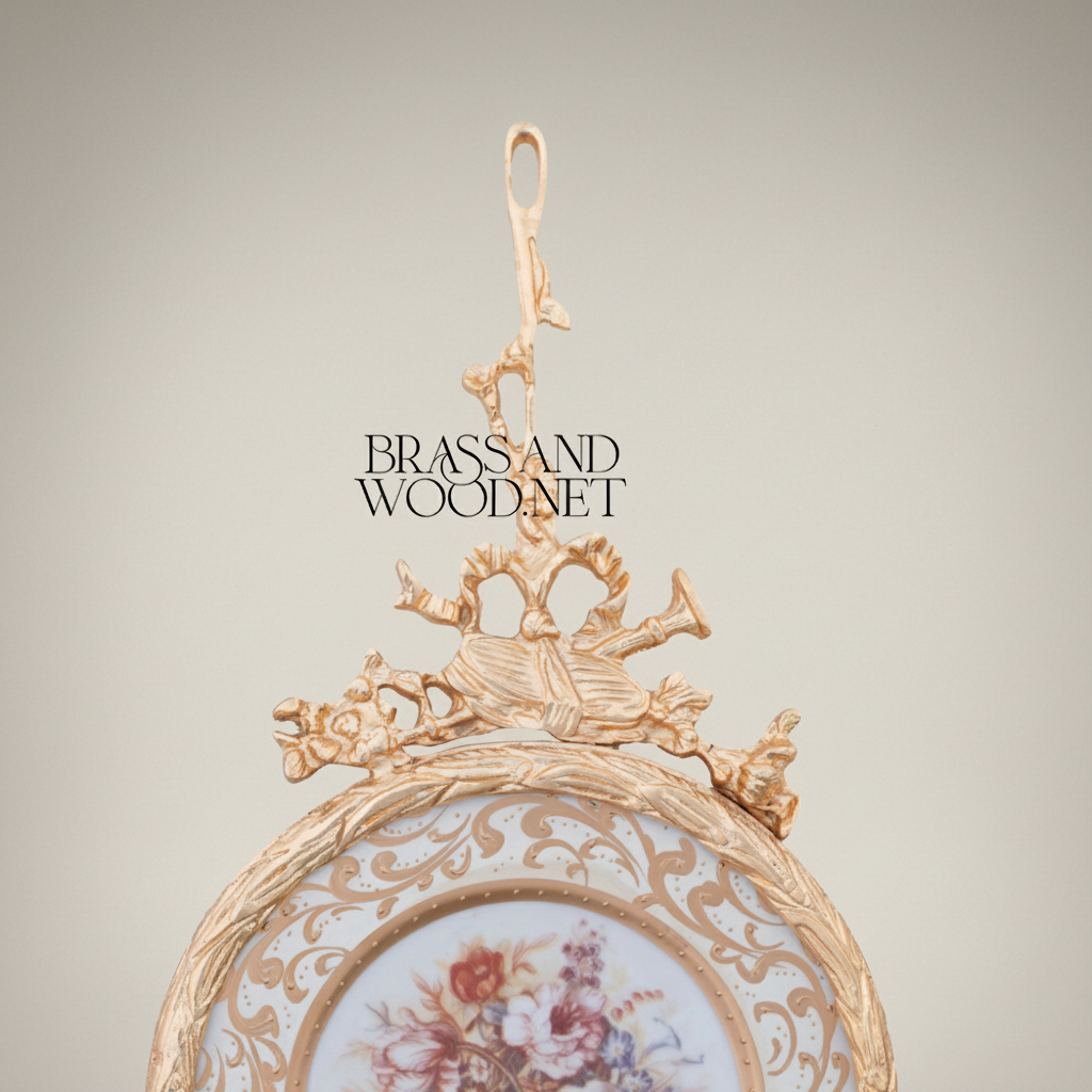 Rococo Brass & Porcelain Decorative Hanging Plate – Floral Bouquet Medallion with Ornate Frame — Gold
