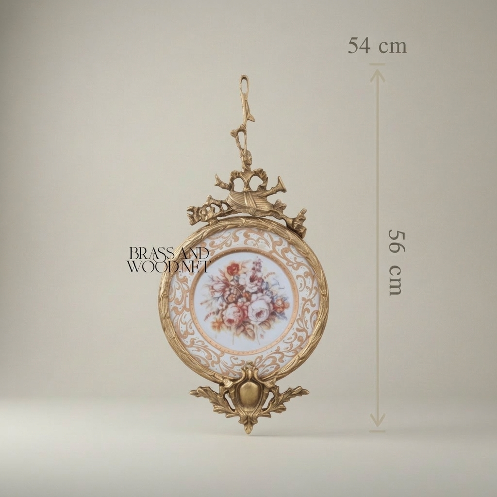 Rococo Brass & Porcelain Decorative Hanging Plate – Floral Bouquet Medallion with Ornate Frame