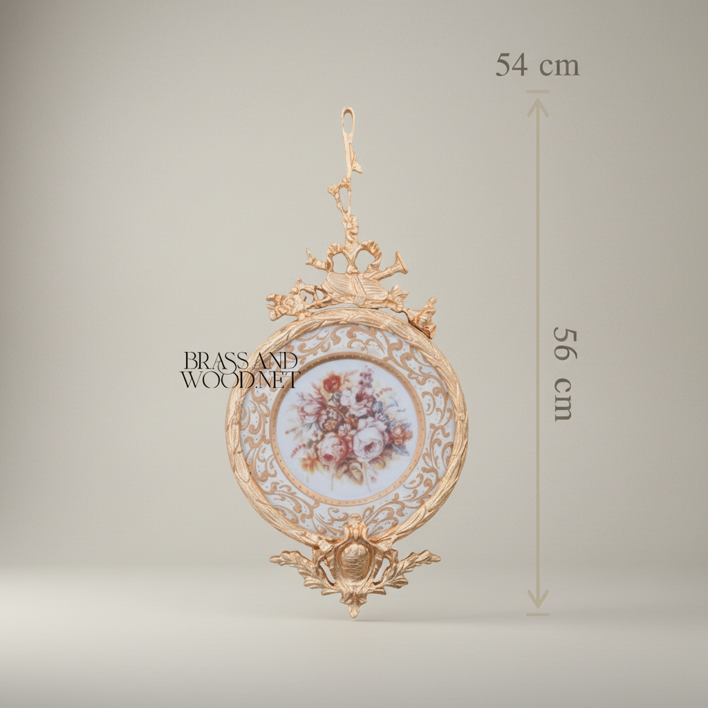 Rococo Brass & Porcelain Decorative Hanging Plate – Floral Bouquet Medallion with Ornate Frame — Gold