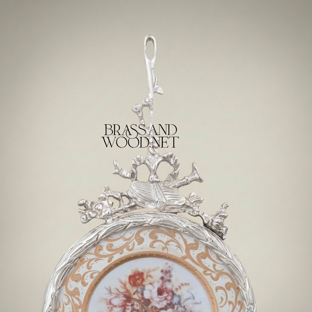 Rococo Brass & Porcelain Decorative Hanging Plate – Floral Bouquet Medallion with Ornate Frame — Silver