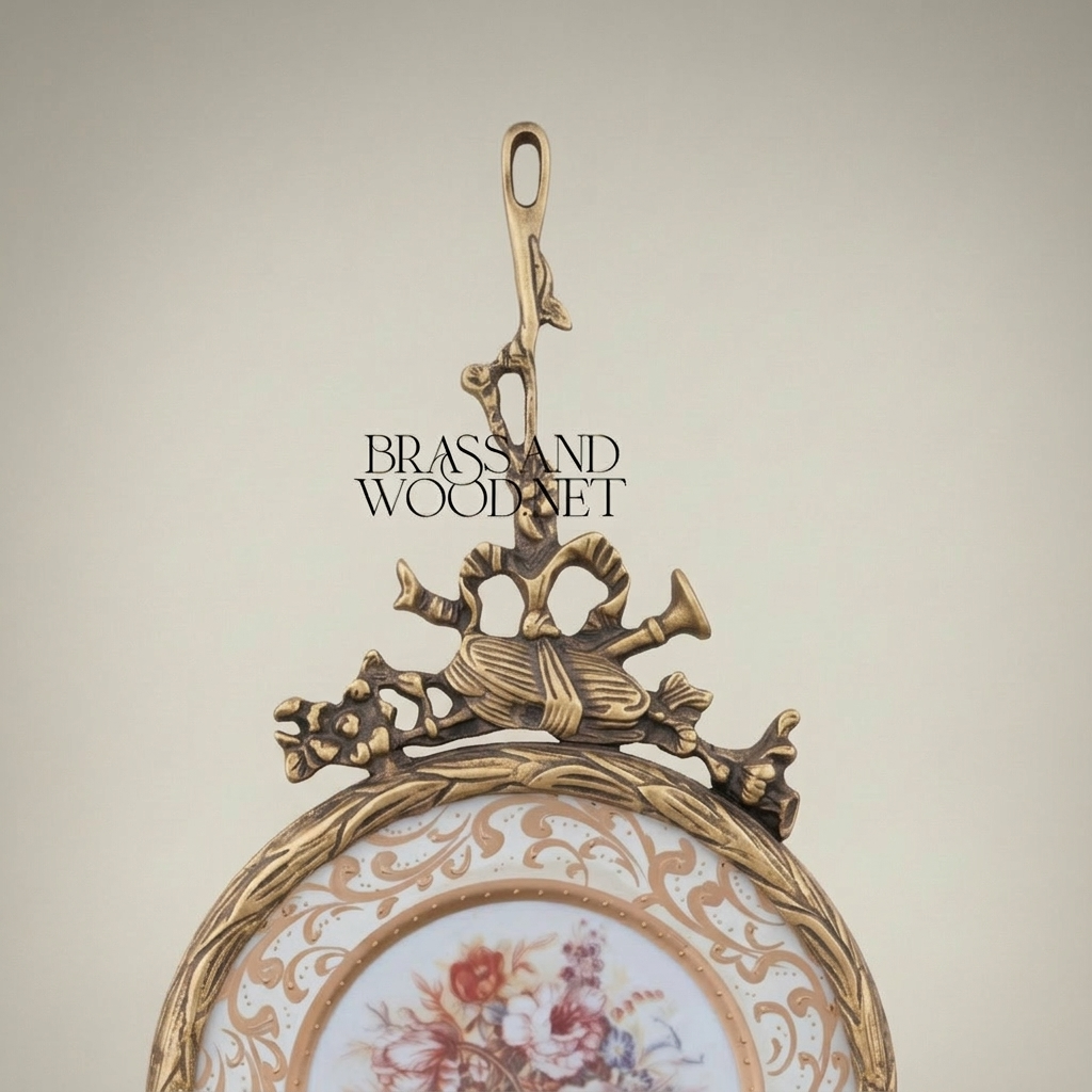 Rococo Brass & Porcelain Decorative Hanging Plate – Floral Bouquet Medallion with Ornate Frame