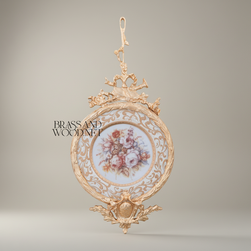 Rococo Brass & Porcelain Decorative Hanging Plate – Floral Bouquet Medallion with Ornate Frame — Gold