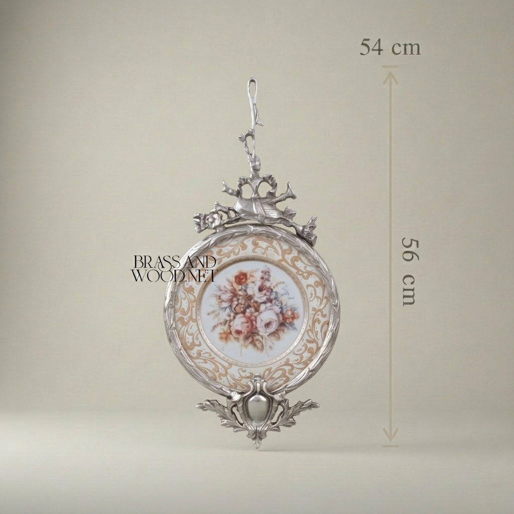 Rococo Brass & Porcelain Decorative Hanging Plate – Floral Bouquet Medallion with Ornate Frame — Silver
