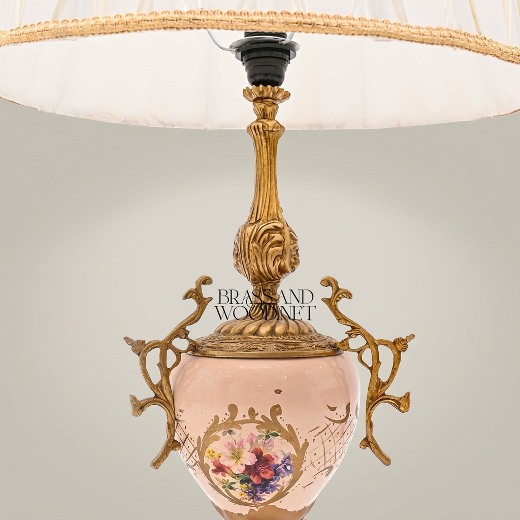 Rococo Brass & Porcelain Table Lamp - Hand-Painted Floral Urn Base — Antique Gold