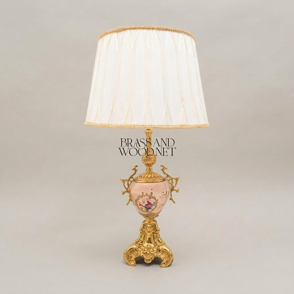 Rococo Brass & Porcelain Table Lamp - Hand-Painted Floral Urn Base
