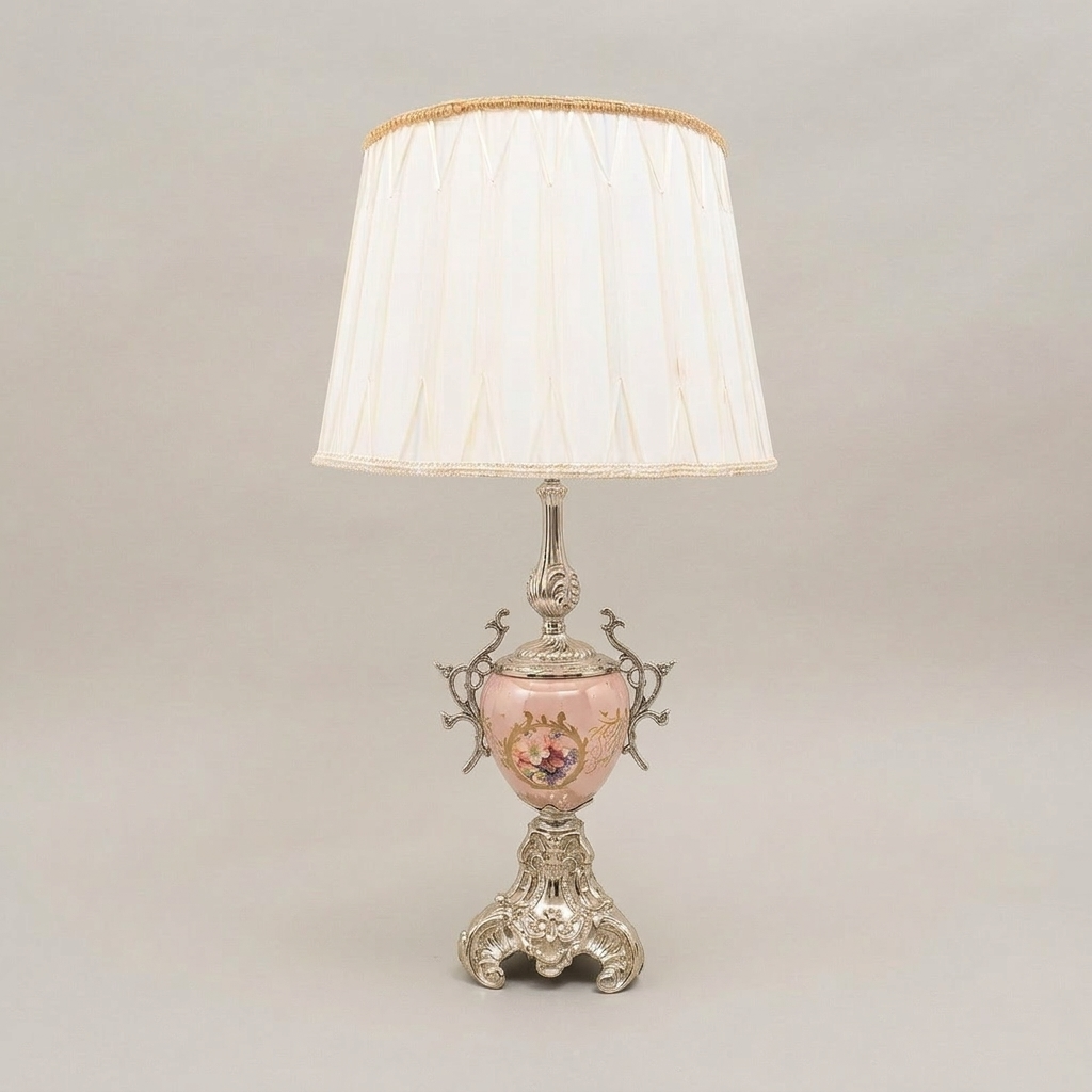 Rococo Brass & Porcelain Table Lamp - Hand-Painted Floral Urn Base — Silver