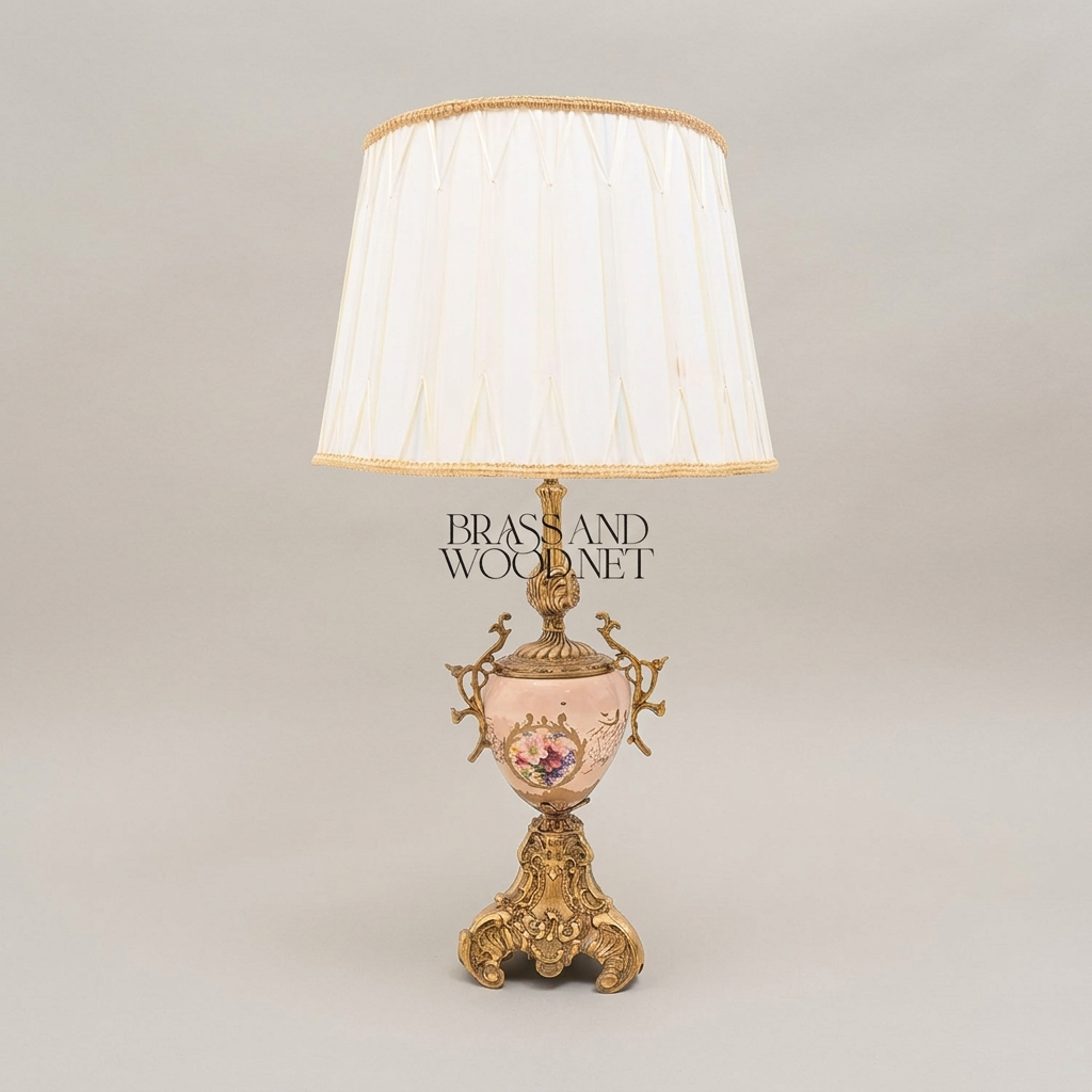 Rococo Brass & Porcelain Table Lamp - Hand-Painted Floral Urn Base — Antique Gold