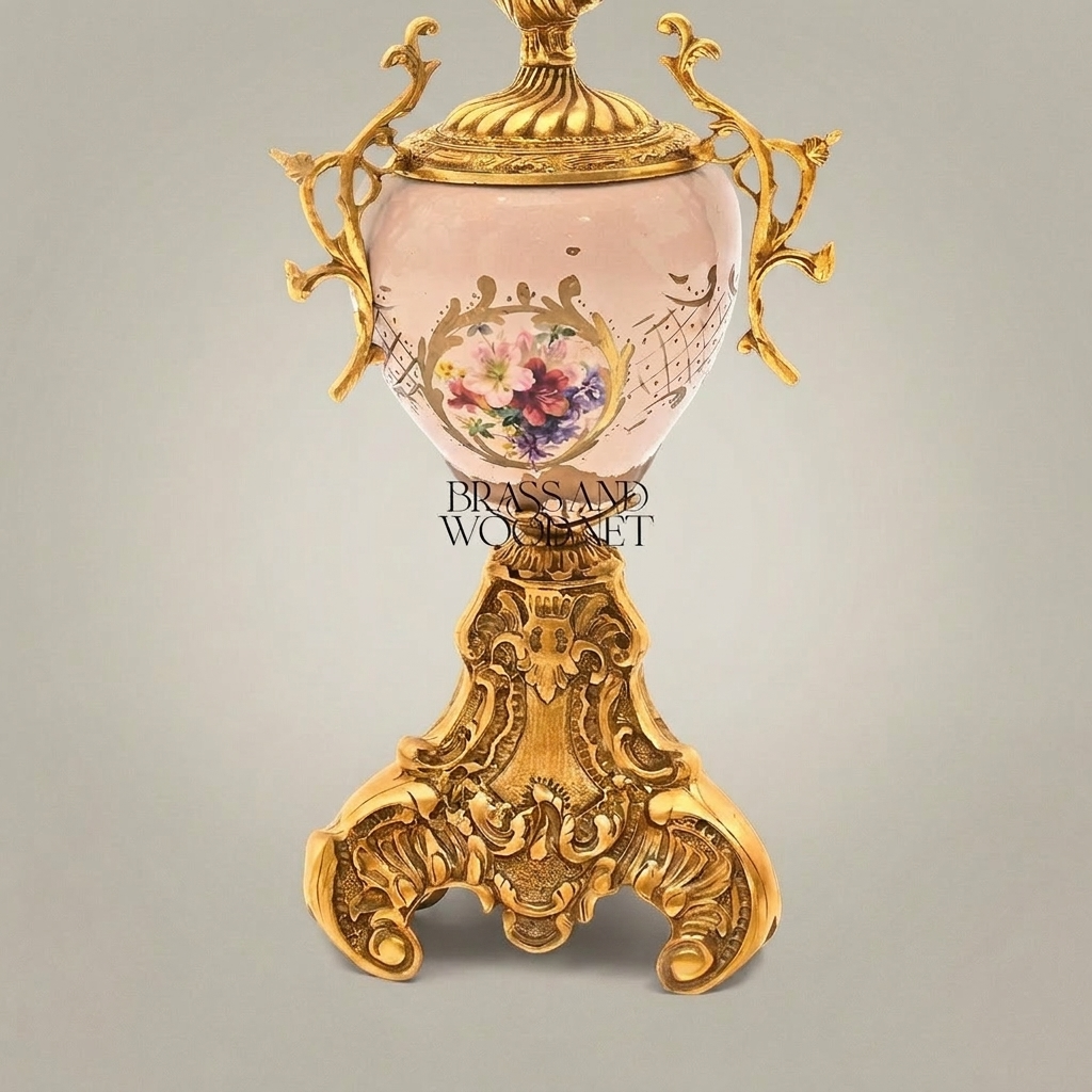 Rococo Brass & Porcelain Table Lamp - Hand-Painted Floral Urn Base — Gold