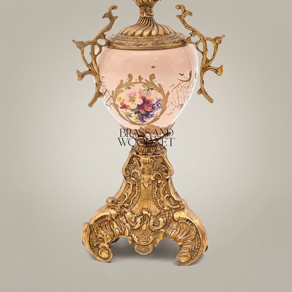 Rococo Brass & Porcelain Table Lamp - Hand-Painted Floral Urn Base — Antique Gold