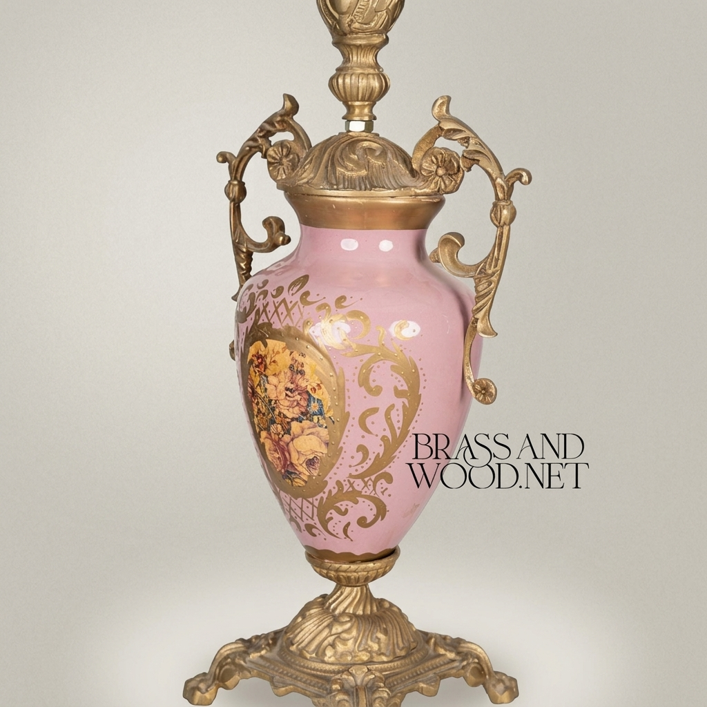 Rococo Brass & Porcelain Urn Table Lamp - Hand-Painted Floral Medallion — Antique Gold