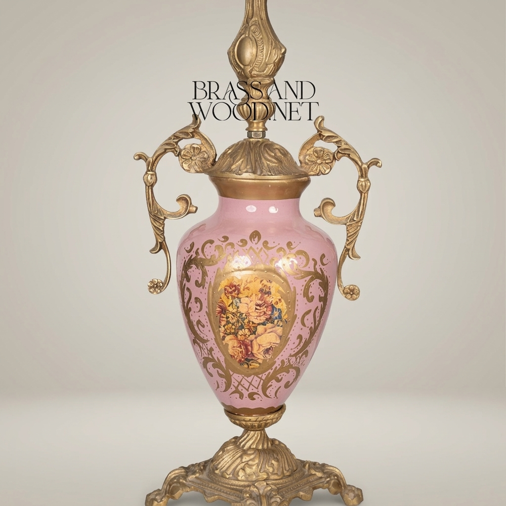 Rococo Brass & Porcelain Urn Table Lamp - Hand-Painted Floral Medallion — Antique Gold