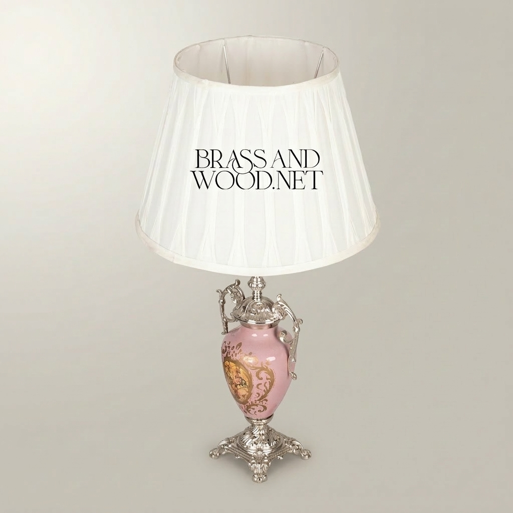 Rococo Brass & Porcelain Urn Table Lamp - Hand-Painted Floral Medallion — Silver