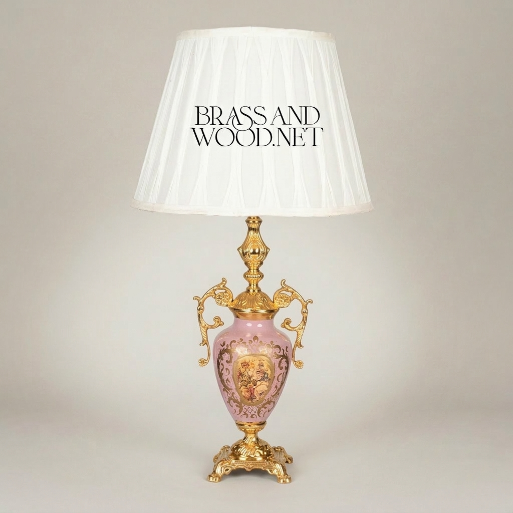 Rococo Brass & Porcelain Urn Table Lamp - Hand-Painted Floral Medallion
