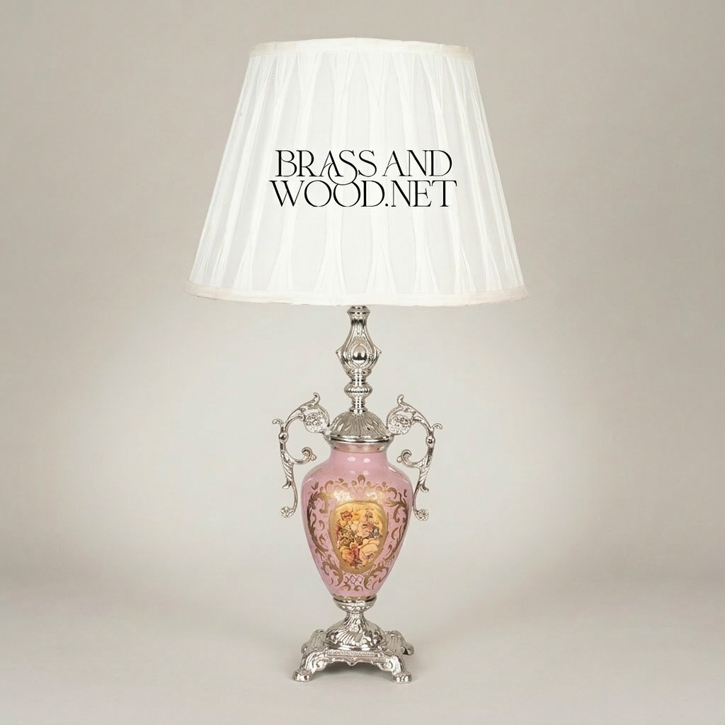 Rococo Brass & Porcelain Urn Table Lamp - Hand-Painted Floral Medallion — Silver