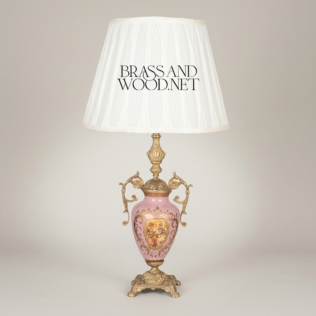 Rococo Brass & Porcelain Urn Table Lamp - Hand-Painted Floral Medallion — Antique Gold
