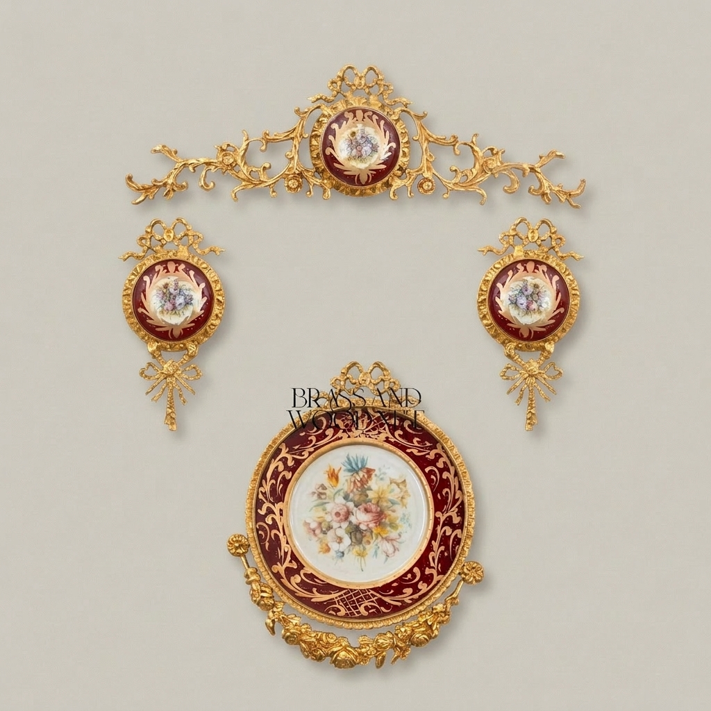Rococo Brass & Porcelain Wall Medallion Set - Floral Hand-Painted Décor