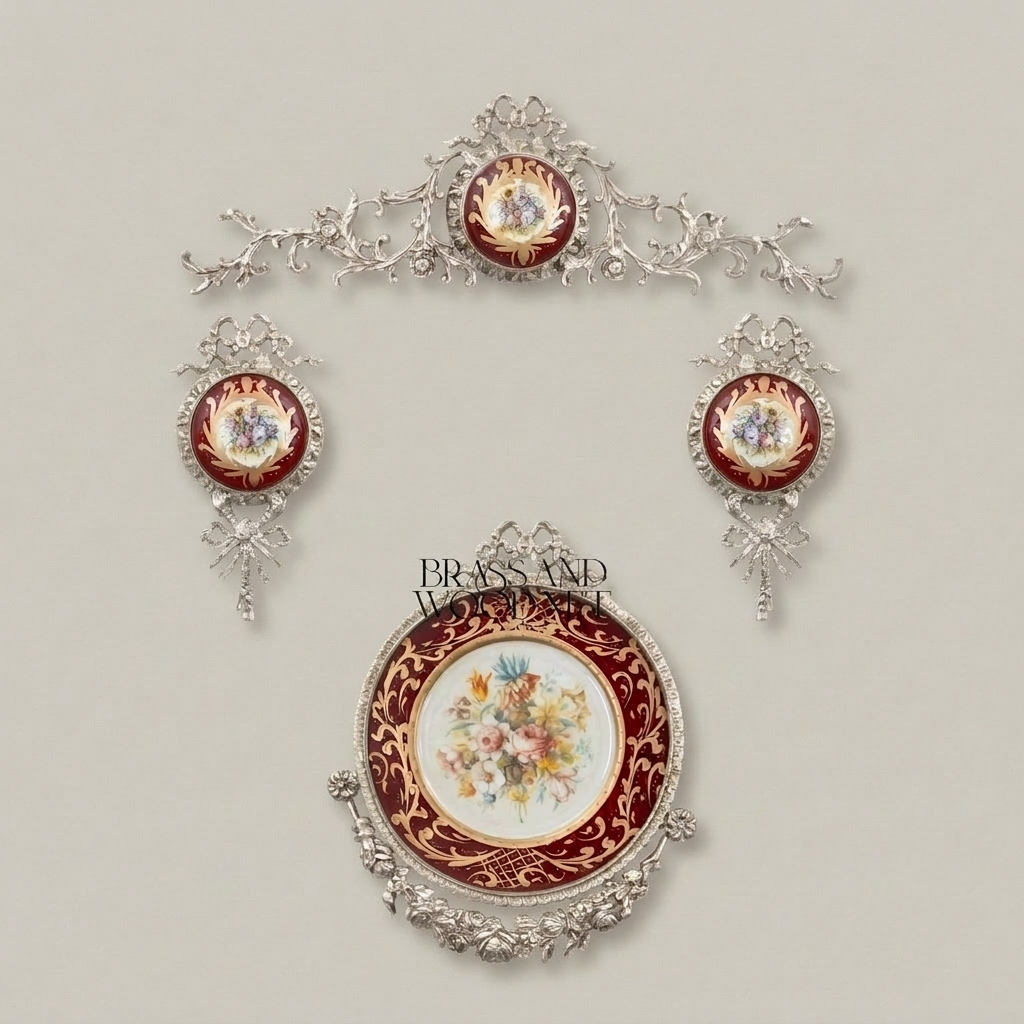 Rococo Brass & Porcelain Wall Medallion Set - Floral Hand-Painted Décor — Silver