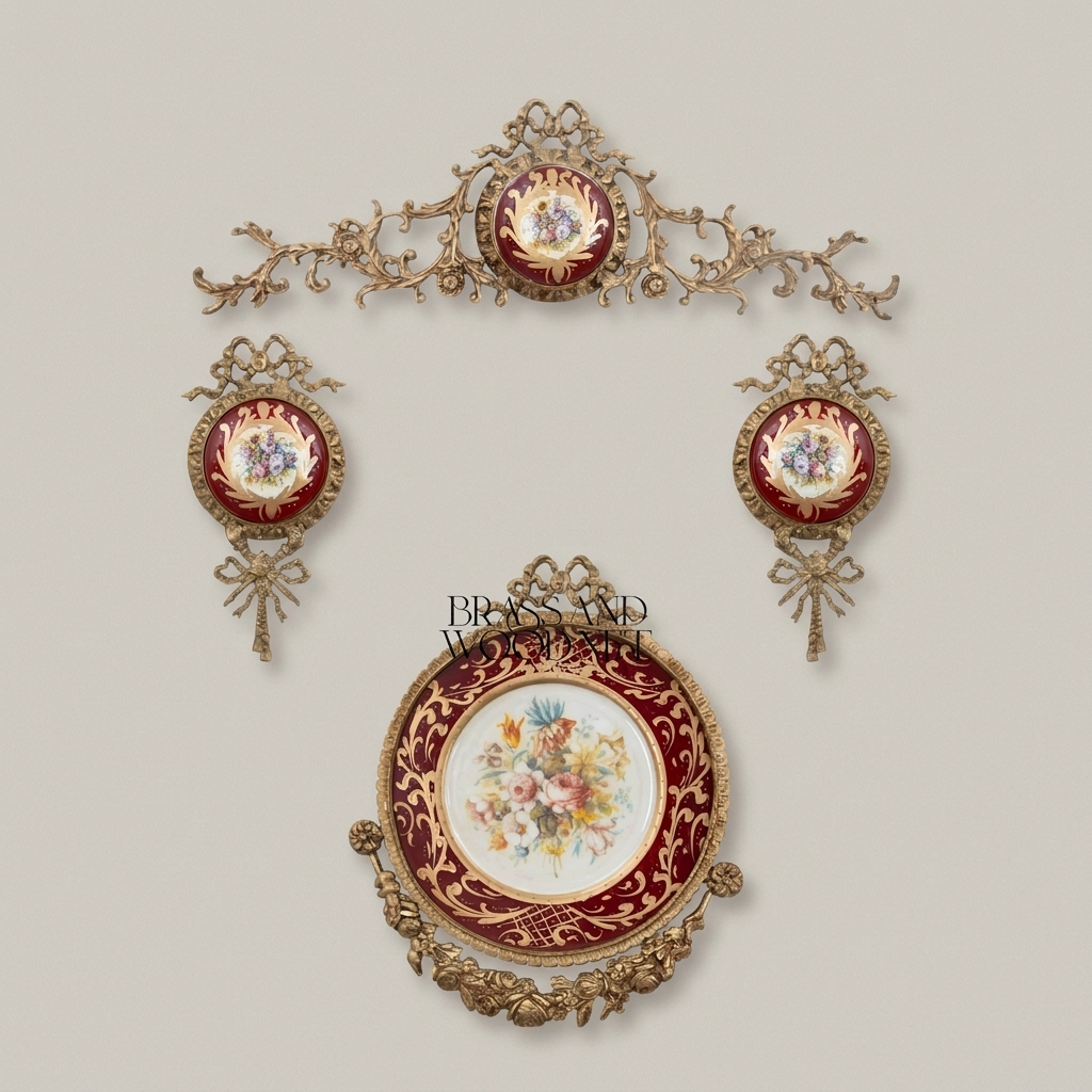 Rococo Brass & Porcelain Wall Medallion Set - Floral Hand-Painted Décor — Antique Gold