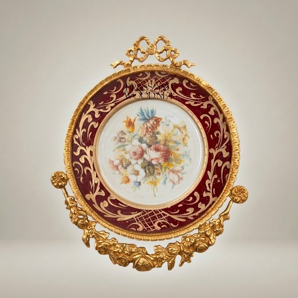 Rococo Brass & Porcelain Wall Medallion Set - Floral Hand-Painted Décor