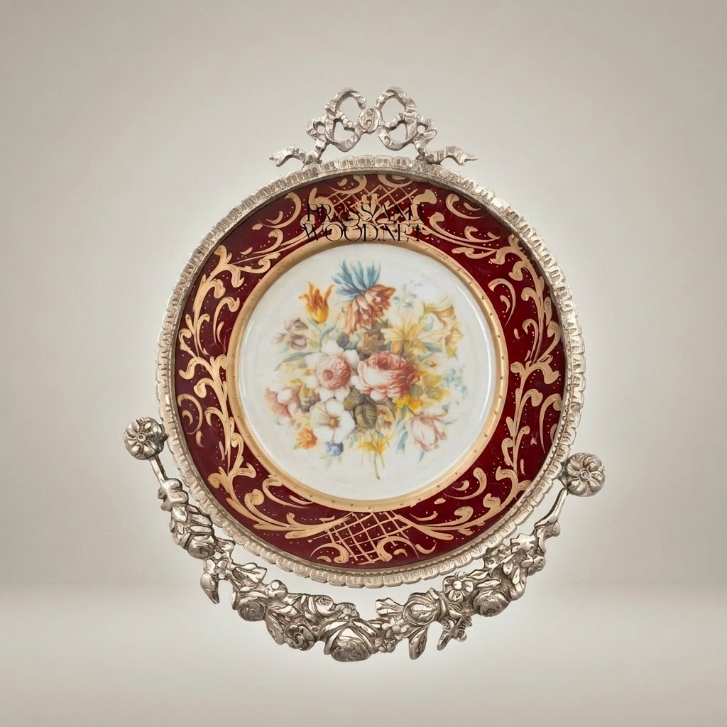 Rococo Brass & Porcelain Wall Medallion Set - Floral Hand-Painted Décor — Silver
