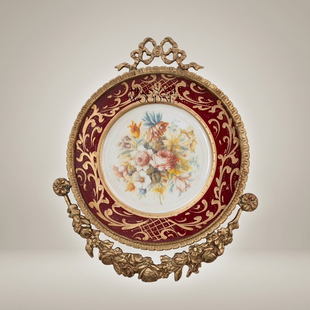 Rococo Brass & Porcelain Wall Medallion Set - Floral Hand-Painted Décor — Antique Gold