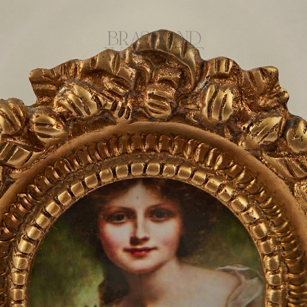 Rococo Brass Portrait Medallion Decorative Plate – Oval Floral Lady — Antique Gold