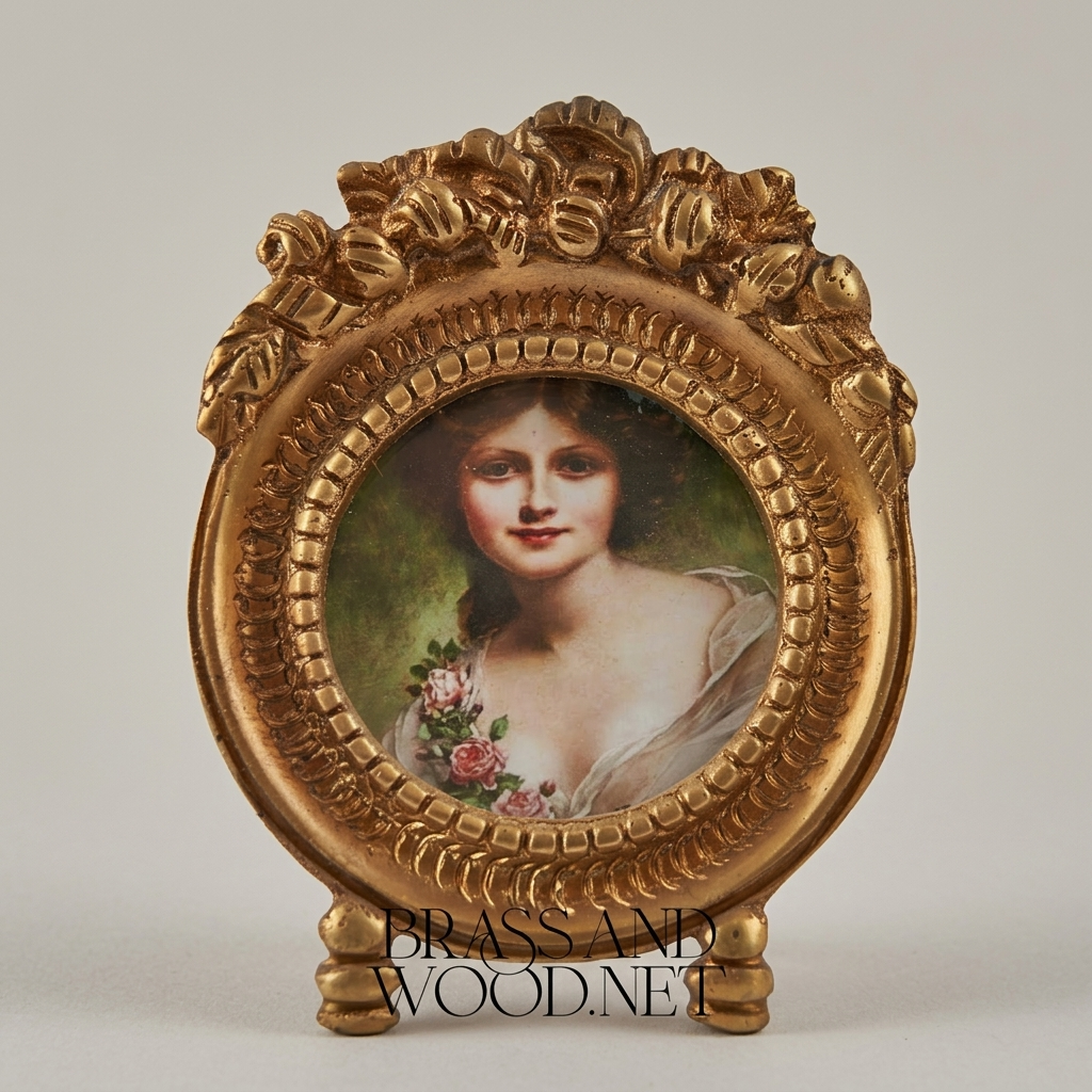 Rococo Brass Portrait Medallion Decorative Plate – Oval Floral Lady — Antique Gold
