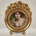 Rococo Brass Portrait Medallion Decorative Plate – Oval Floral Lady — Gold