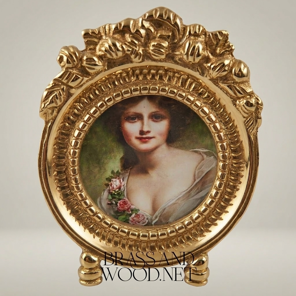 Rococo Brass Portrait Medallion Decorative Plate – Oval Floral Lady — Gold