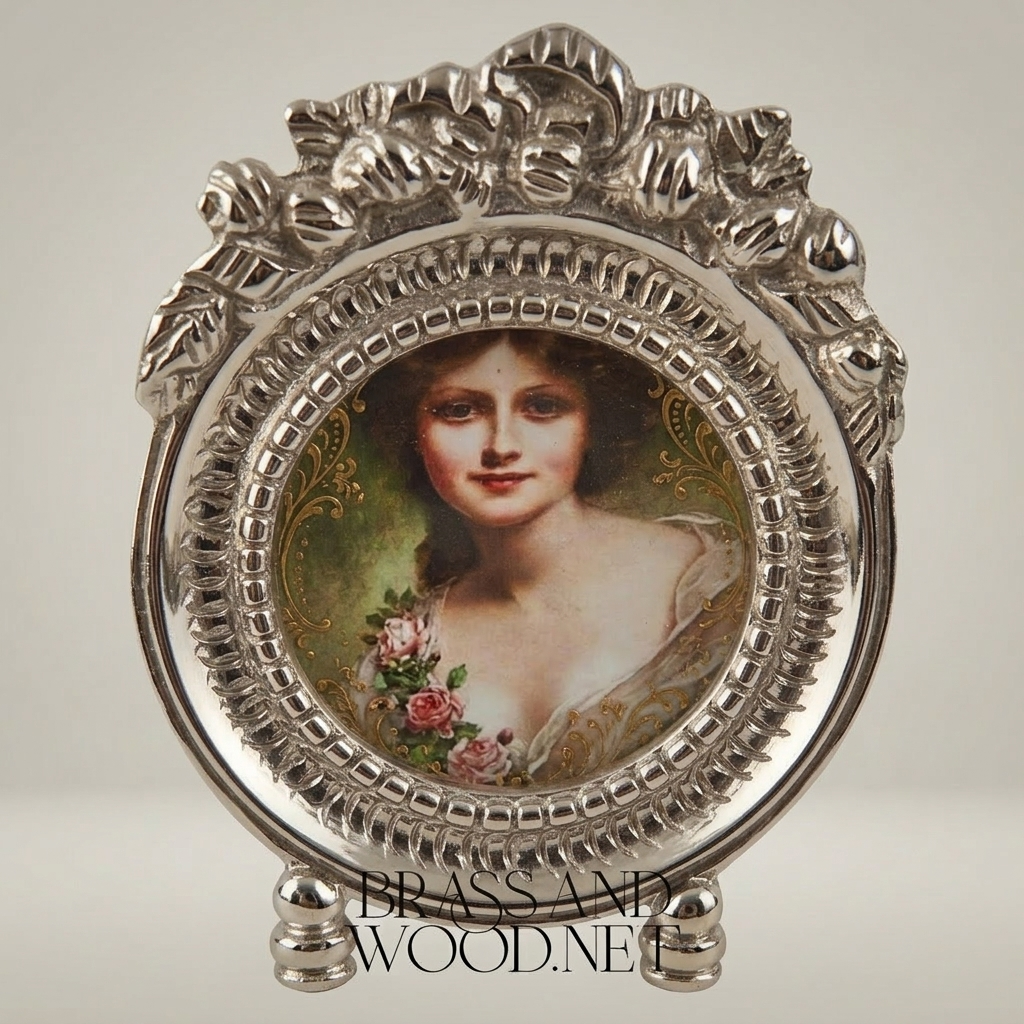 Rococo Brass Portrait Medallion Decorative Plate – Oval Floral Lady — Silver