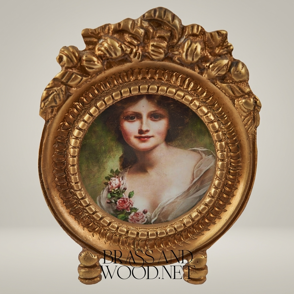 Rococo Brass Portrait Medallion Decorative Plate – Oval Floral Lady — Antique Gold
