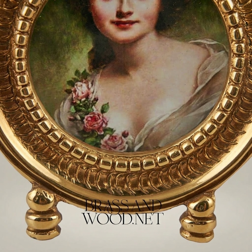 Rococo Brass Portrait Medallion Decorative Plate – Oval Floral Lady