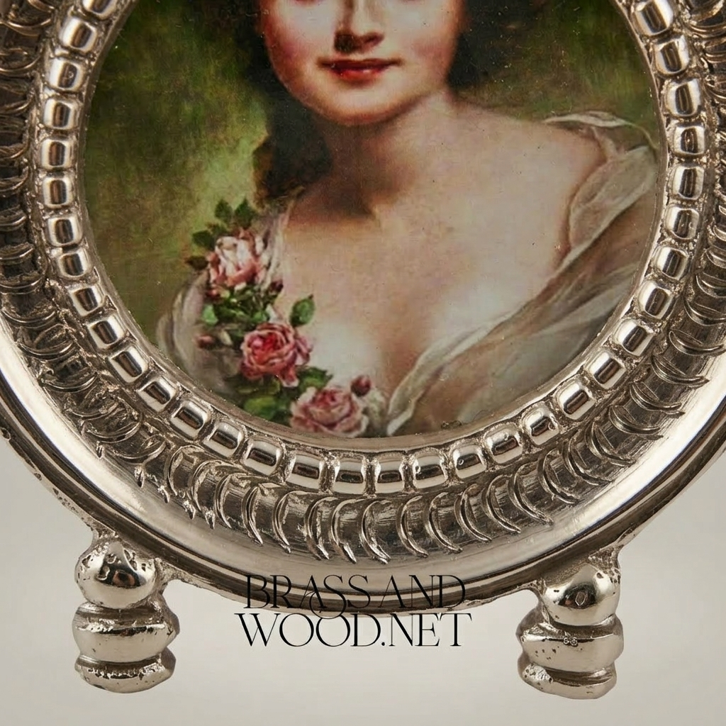 Rococo Brass Portrait Medallion Decorative Plate – Oval Floral Lady — Silver