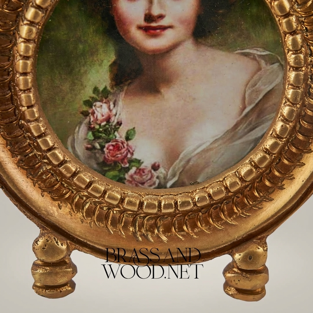 Rococo Brass Portrait Medallion Decorative Plate – Oval Floral Lady — Antique Gold