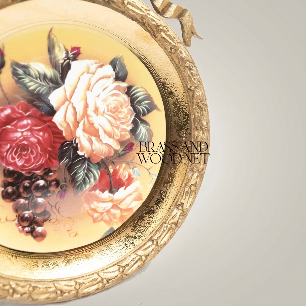 Rococo Brass Round Decorative Plate with Bow Crown & Hand-Painted Rose Bouquet — Antique Gold