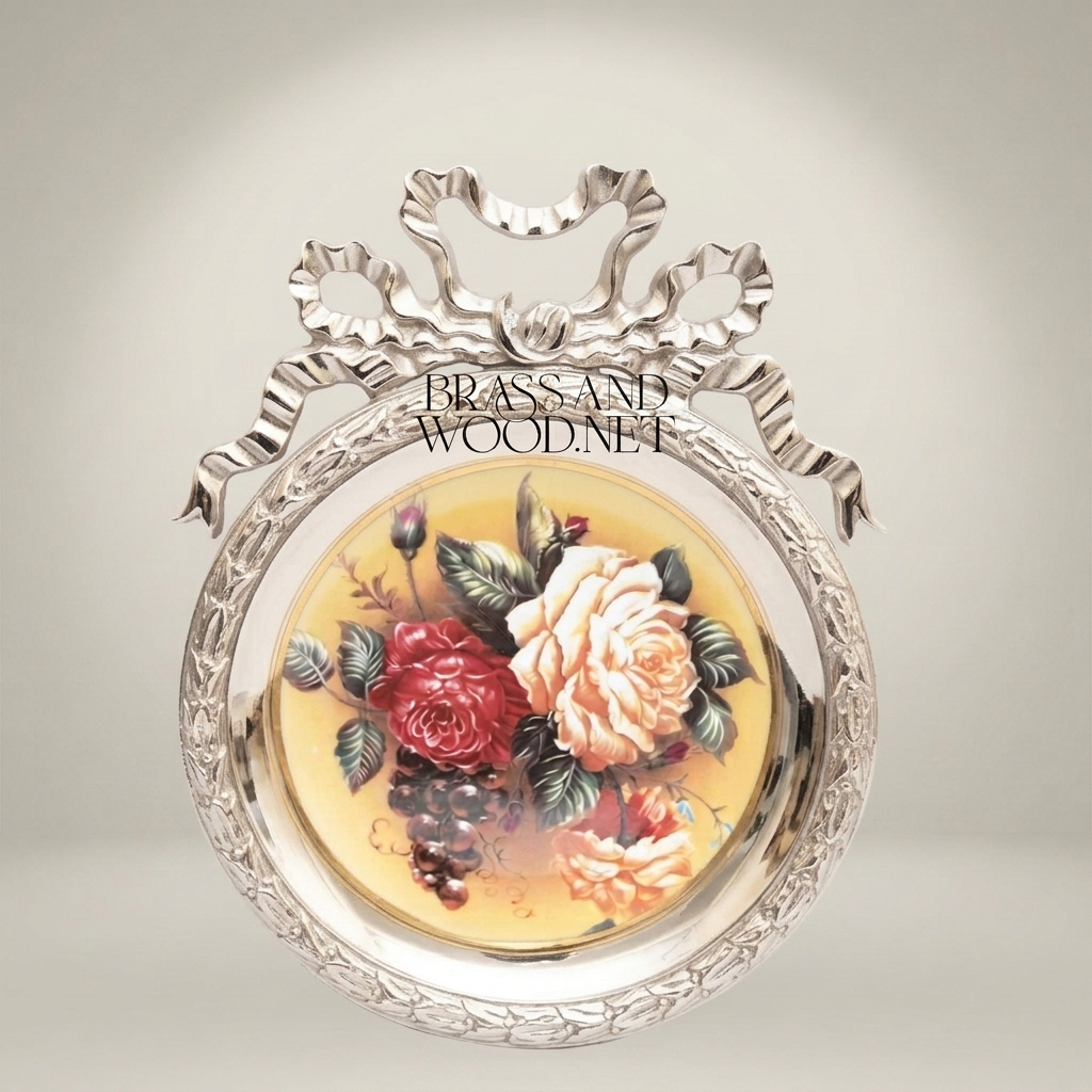 Rococo Brass Round Decorative Plate with Bow Crown & Hand-Painted Rose Bouquet — Silver
