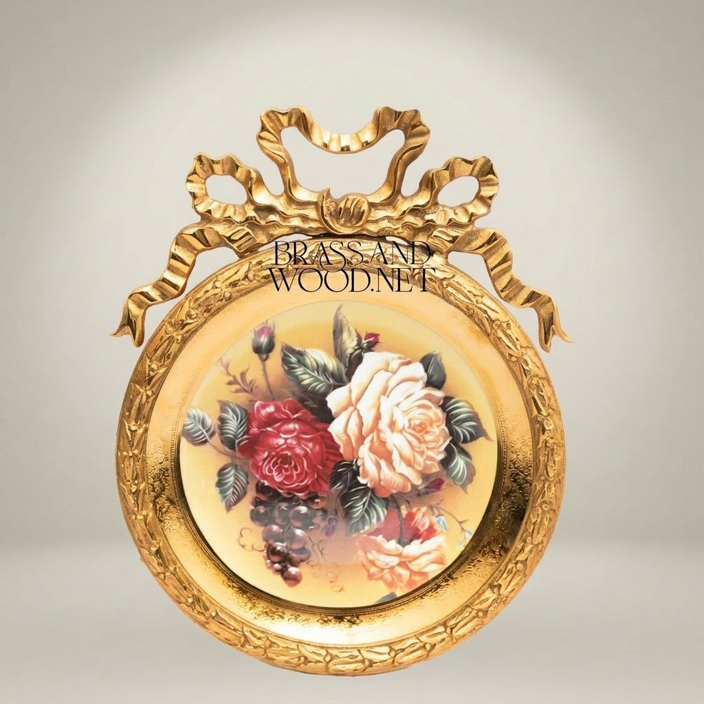 Rococo Brass Round Decorative Plate with Bow Crown & Hand-Painted Rose Bouquet — Gold