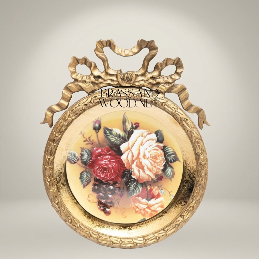 Rococo Brass Round Decorative Plate with Bow Crown & Hand-Painted Rose Bouquet — Antique Gold