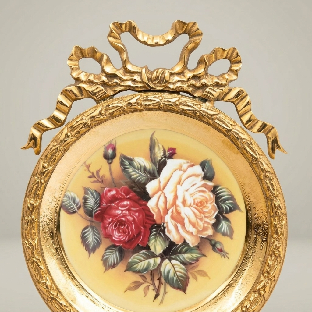 Rococo Brass Round Decorative Plate with Bow Crown & Hand-Painted Rose Bouquet — Gold
